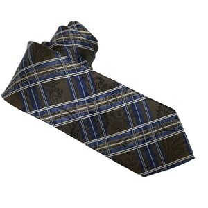 Pronto Uomo Designer Necktie Silk Brown‎  Blue Paisley Plaid Tie